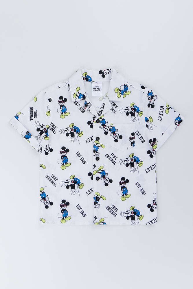 White Mickey Mouse Print Woven Shirt