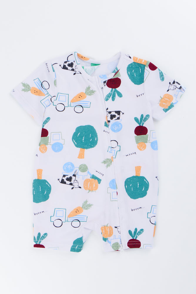 White Farm Print Zippy Romper