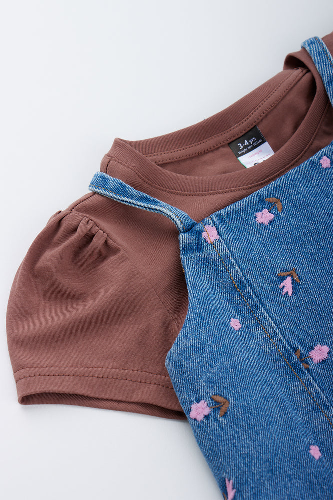 Floral Denim Pinafore Dress Set (1)