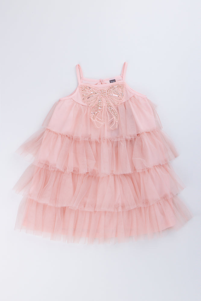Pink Bow Trim Tulle Dress