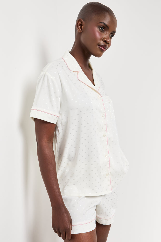 White Heart Print Satin Pyjama Set