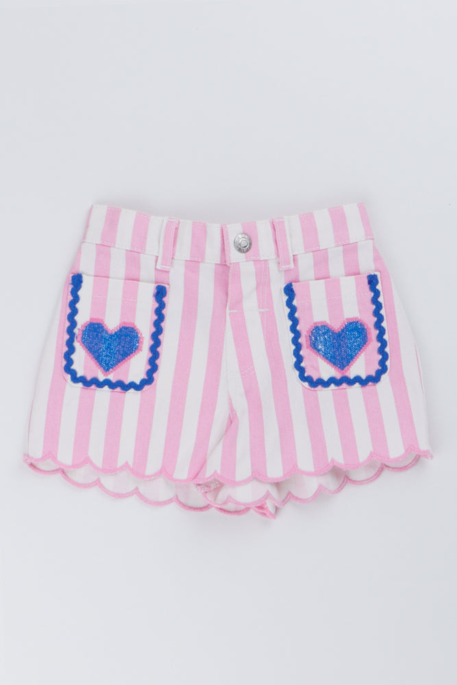 Pink Striped Heart Denim Shorts