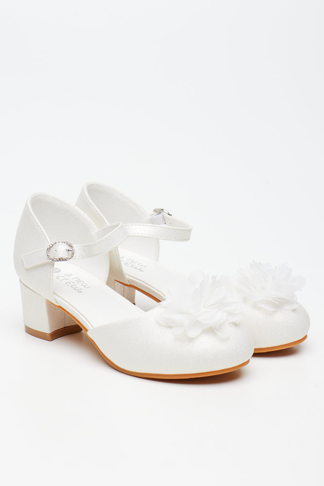 White Floral Embellished Block Heels