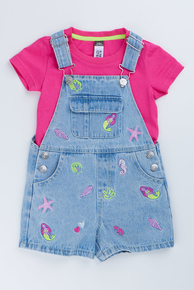 Neon Sea Life Denim Dungaree Set