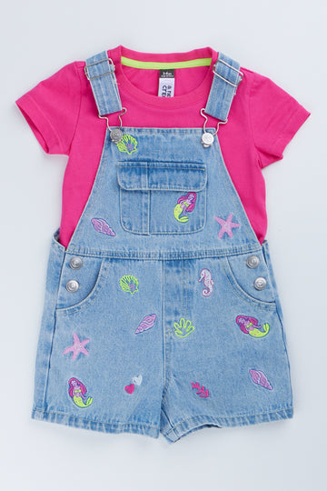 Neon Sea Life Denim Dungaree Set