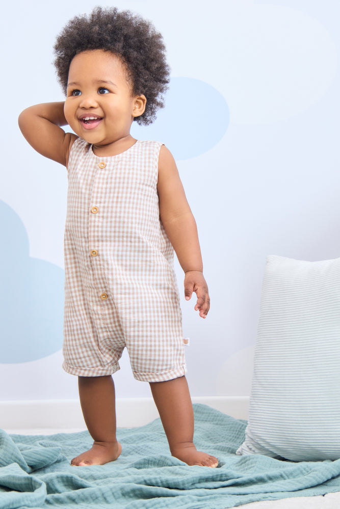 Beige Gingham Woven Romper