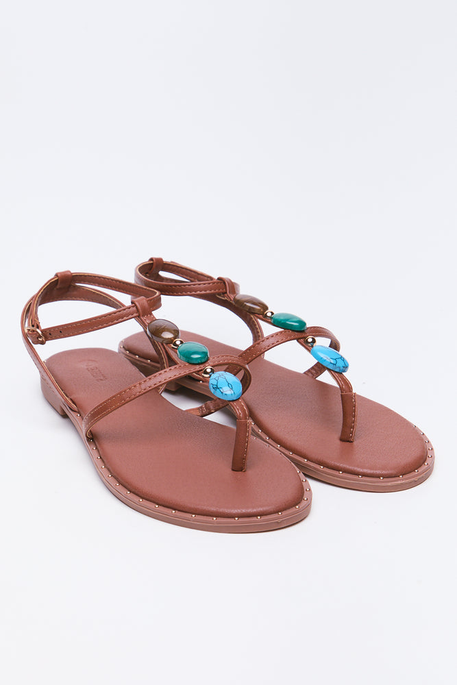 Brown Beaded Strap Sandals