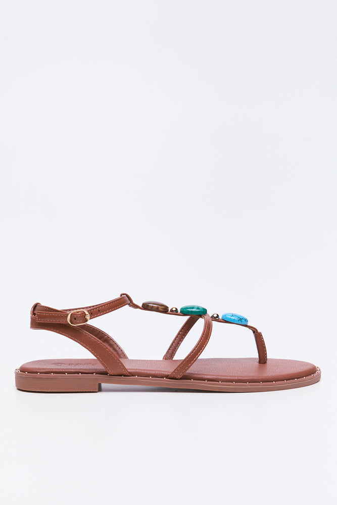 Brown Beaded Strap Sandals (1)