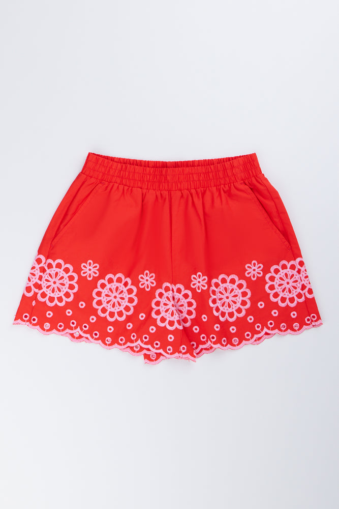 ME&B Older Girls Red Embroidered Floral Woven Shorts