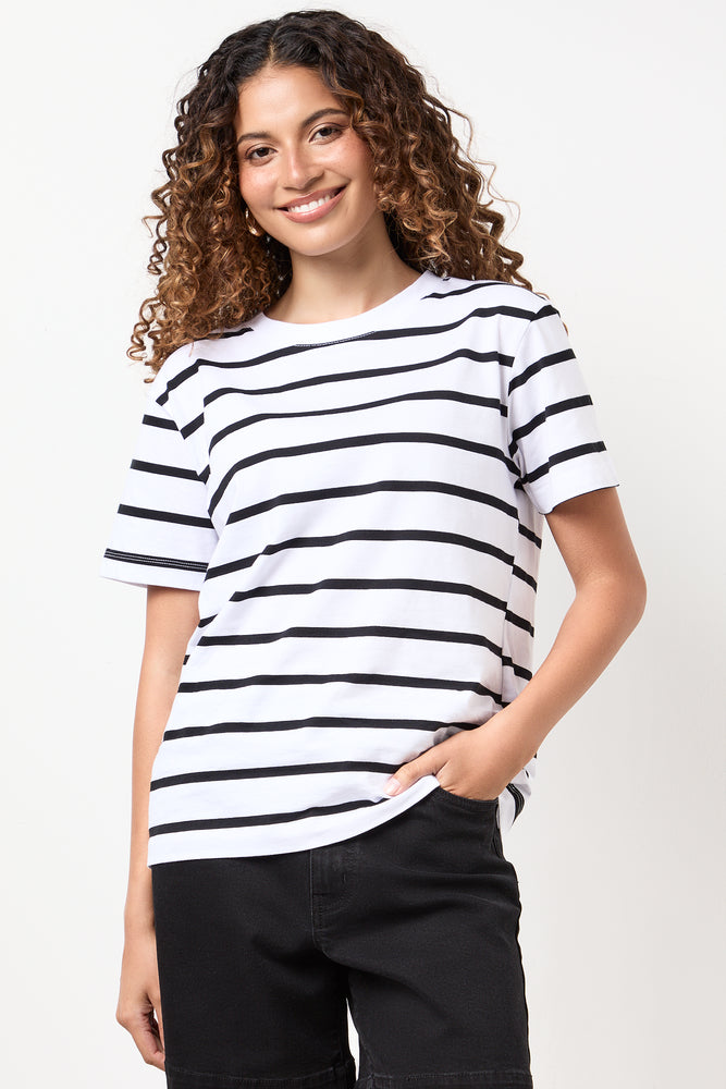 White & Black Striped Crewneck T-Shirt