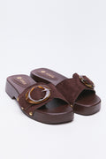 Chocolate Wood Look Buckle Sandals
