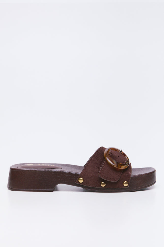 Chocolate Wood Look Buckle Sandals (1)