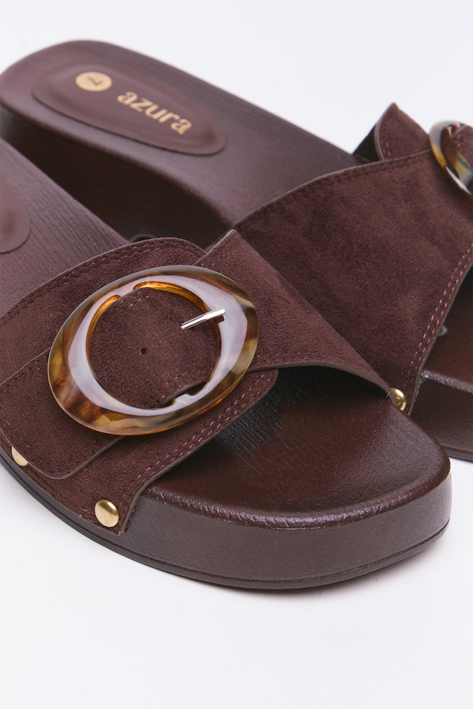 Chocolate Wood Look Buckle Sandals (2)
