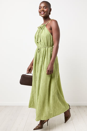 Green Crinkle Halter Maxi Dress