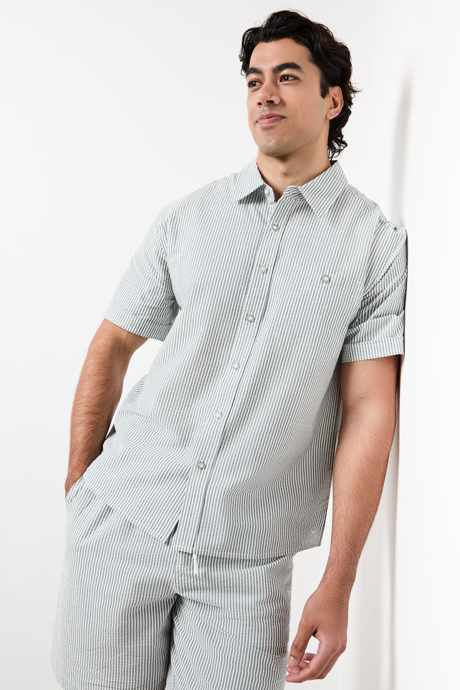 Sage Seersucker Stripe Short Sleeve Shirt