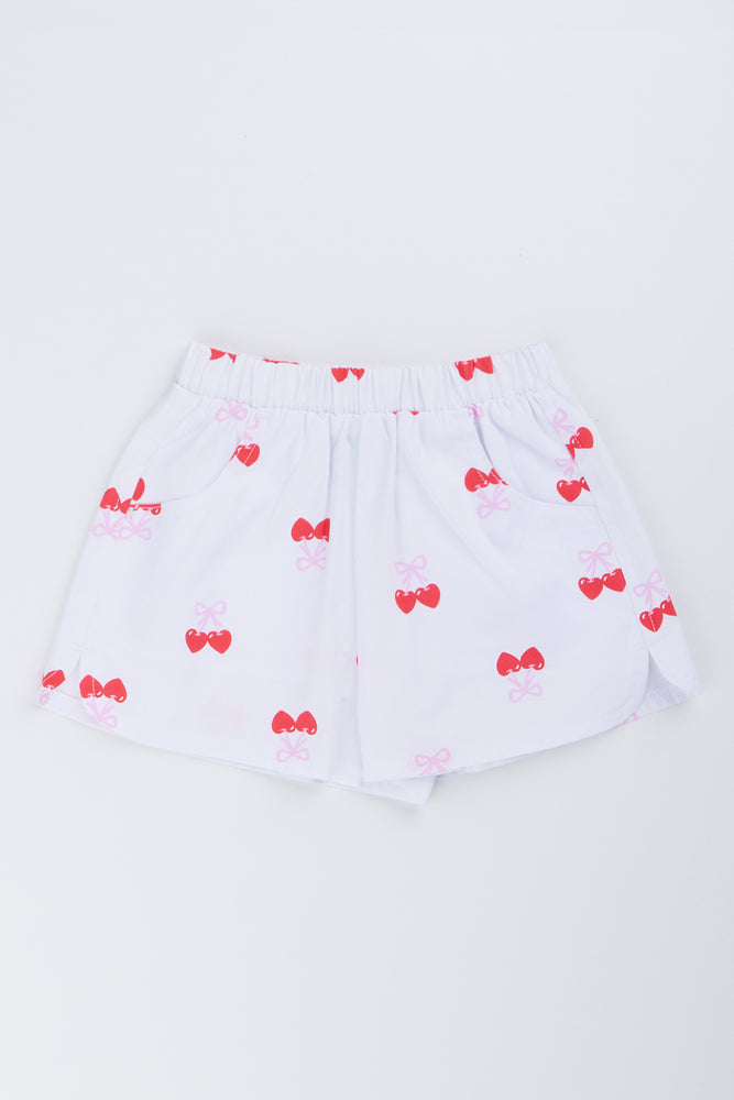 White Cherry Print Woven Shorts