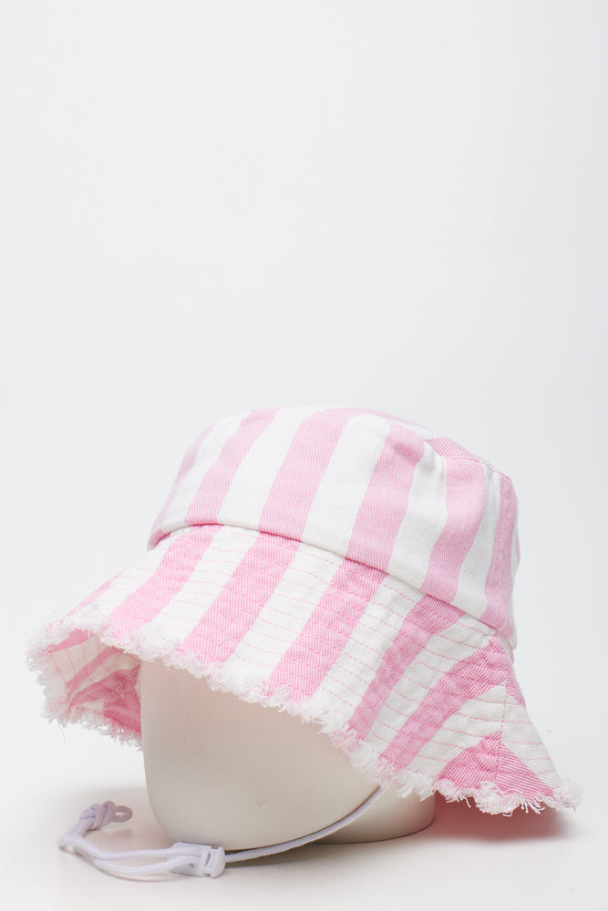Pink White Striped Denim Bucket Hat (1)