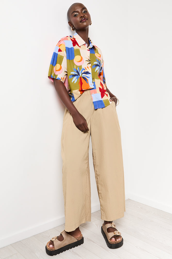 Beige Wide Leg Cropped Pants